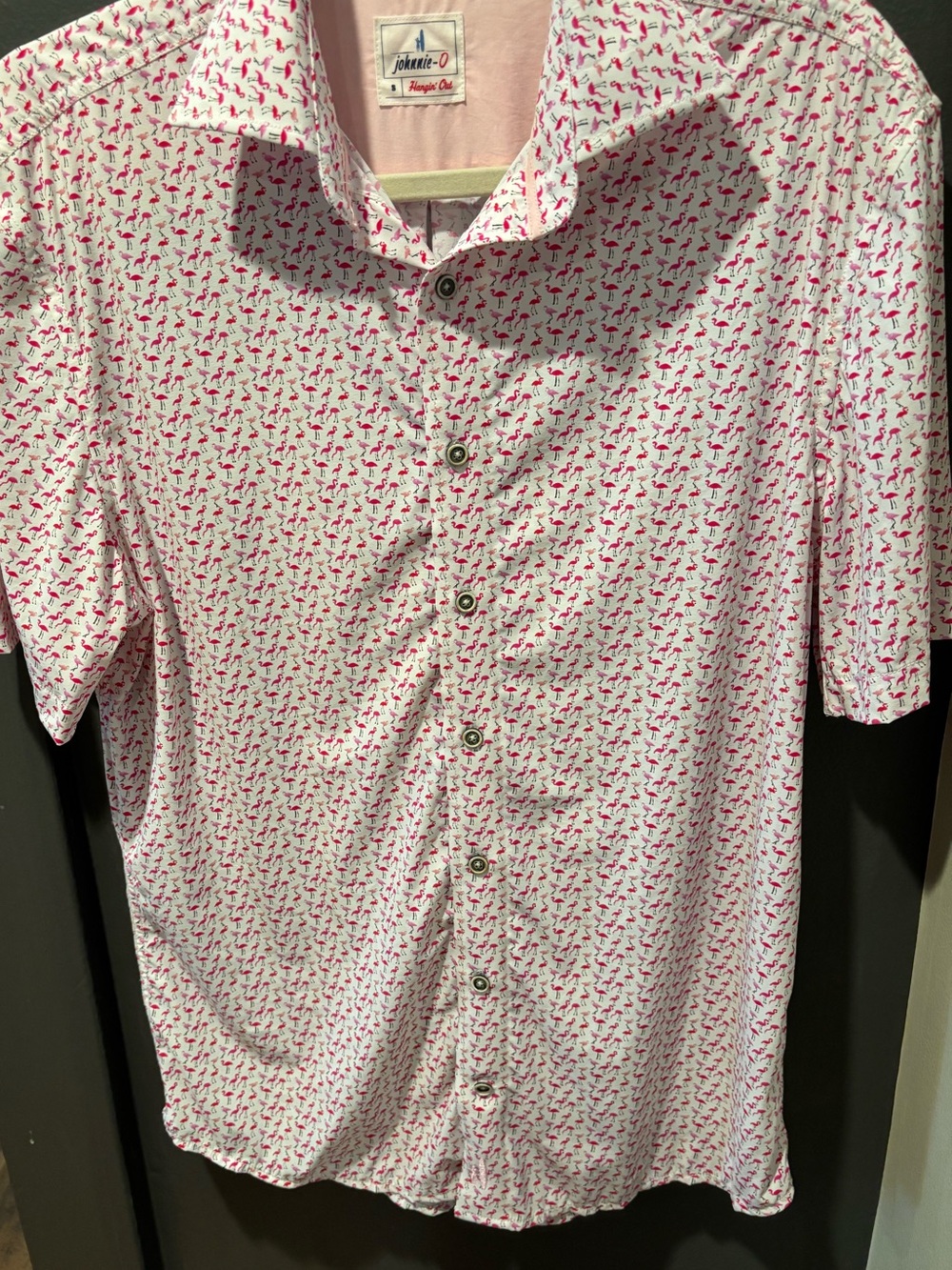 johnnie-O White Short-Sleeve Button-Down with Pink Flamingo Print
